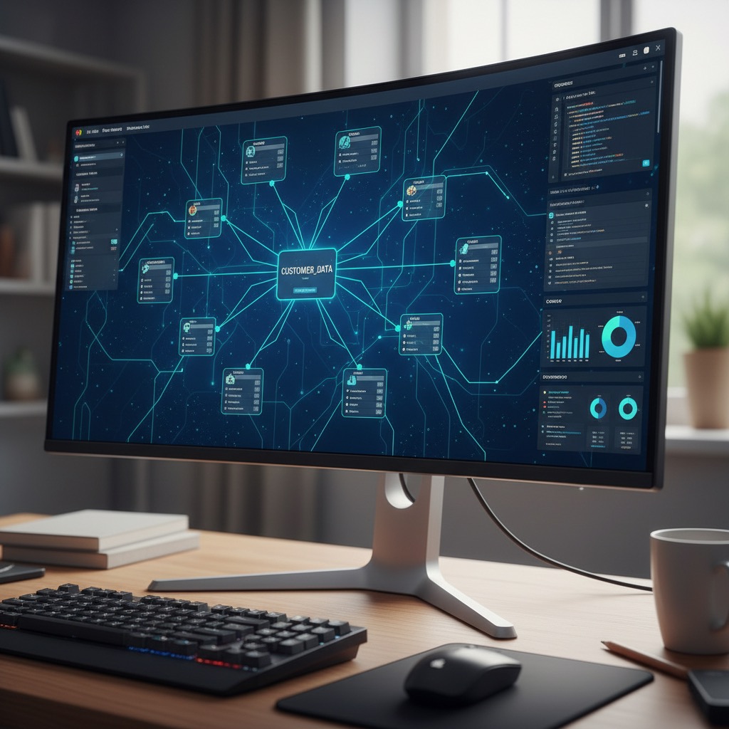 A computer monitor on a desk displays a digital dashboard visualizing a customer data network with connected nodes and charts.